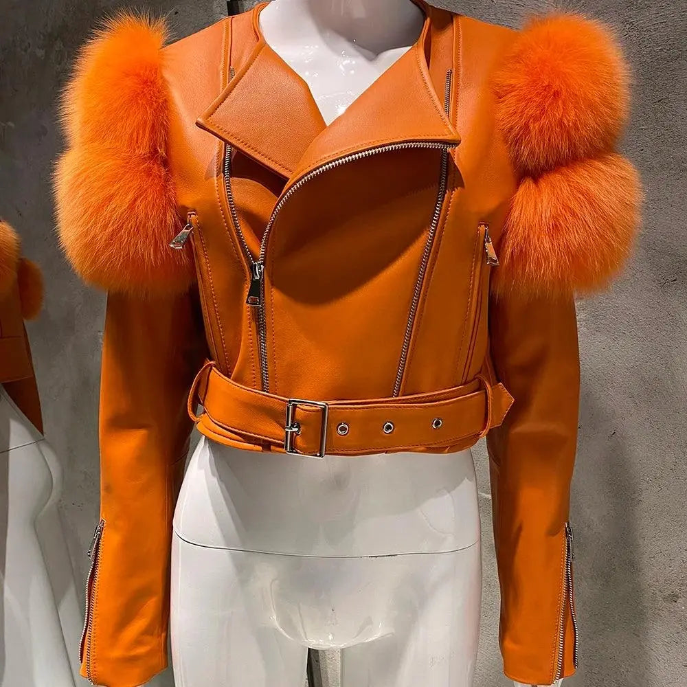 YOLOAgain 2025 Autumn Natural Fox Fur Sleeve Genuine Leather Cropped Jacket Women Shiny Sliver Leather Jacket Ladies - SS69
