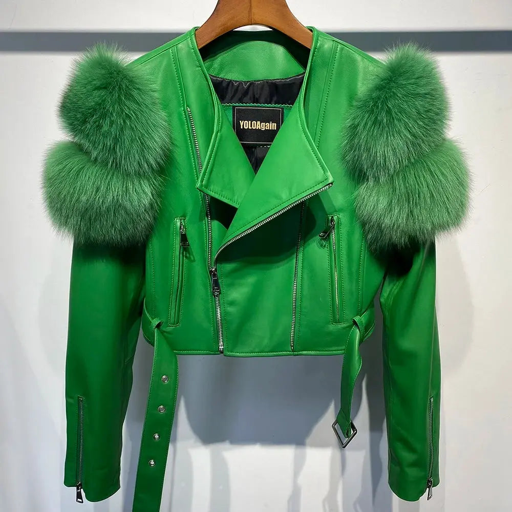 YOLOAgain 2025 Autumn Natural Fox Fur Sleeve Genuine Leather Cropped Jacket Women Shiny Sliver Leather Jacket Ladies SS69