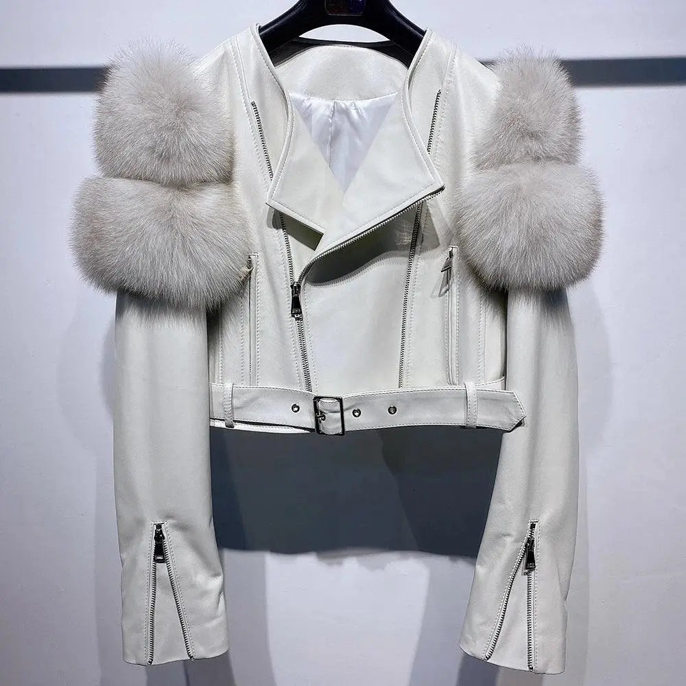 YOLOAgain 2025 Autumn Natural Fox Fur Sleeve Genuine Leather Cropped Jacket Women Shiny Sliver Leather Jacket Ladies - SS69