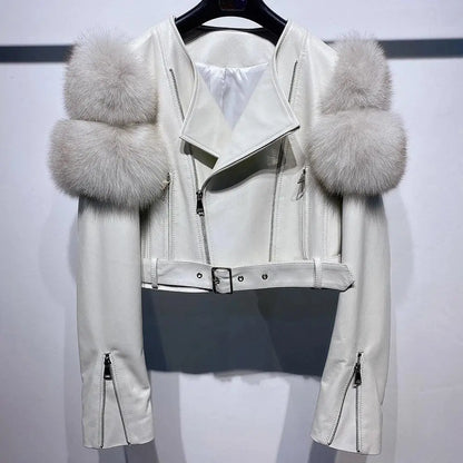 YOLOAgain 2025 Autumn Natural Fox Fur Sleeve Genuine Leather Cropped Jacket Women Shiny Sliver Leather Jacket Ladies - SS69