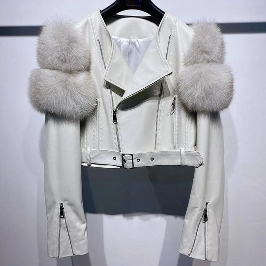 YOLOAgain 2025 Autumn Natural Fox Fur Sleeve Genuine Leather Cropped Jacket Women Shiny Sliver Leather Jacket Ladies - SS69