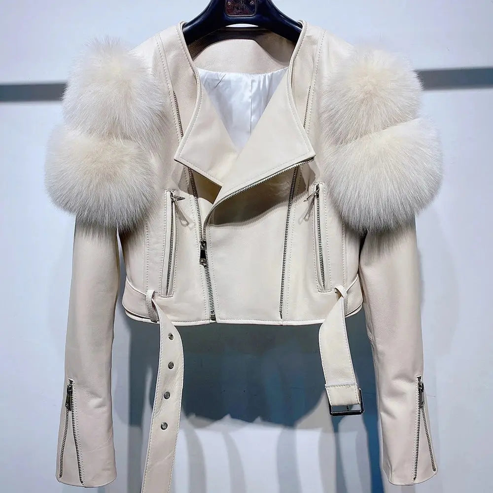 YOLOAgain 2025 Autumn Natural Fox Fur Sleeve Genuine Leather Cropped Jacket Women Shiny Sliver Leather Jacket Ladies SS69