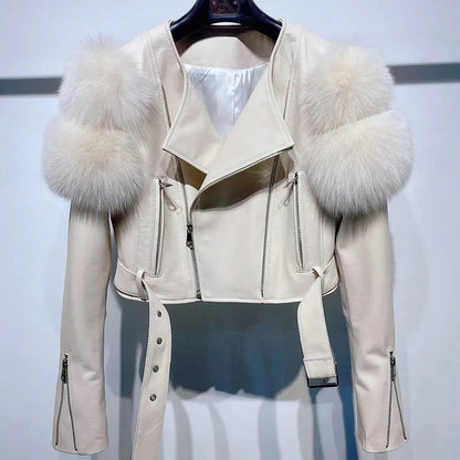 YOLOAgain 2025 Autumn Natural Fox Fur Sleeve Genuine Leather Cropped Jacket Women Shiny Sliver Leather Jacket Ladies SS69