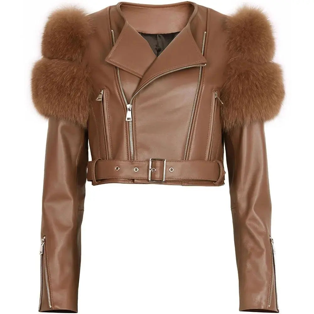 YOLOAgain 2025 Autumn Natural Fox Fur Sleeve Genuine Leather Cropped Jacket Women Shiny Sliver Leather Jacket Ladies - SS69