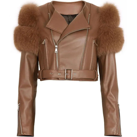 YOLOAgain 2025 Autumn Natural Fox Fur Sleeve Genuine Leather Cropped Jacket Women Shiny Sliver Leather Jacket Ladies - SS69