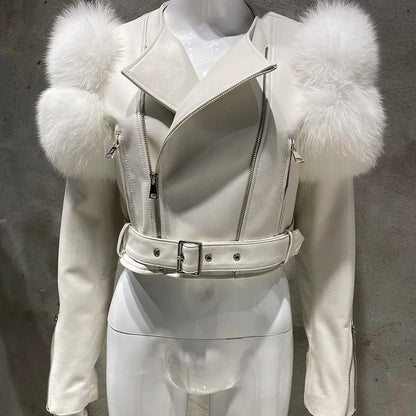 YOLOAgain 2025 Autumn Natural Fox Fur Sleeve Genuine Leather Cropped Jacket Women Shiny Sliver Leather Jacket Ladies - SS69