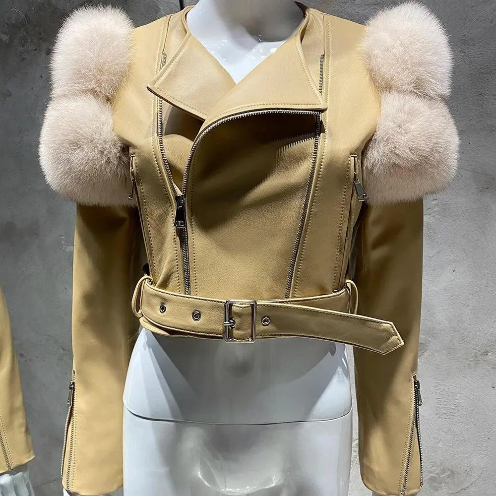 YOLOAgain 2025 Autumn Natural Fox Fur Sleeve Genuine Leather Cropped Jacket Women Shiny Sliver Leather Jacket Ladies - SS69