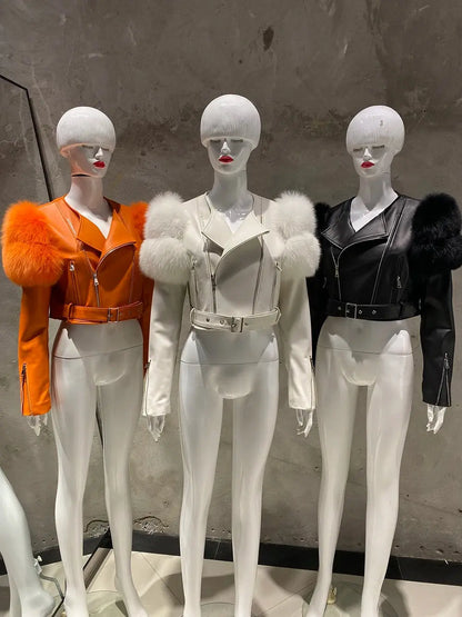 YOLOAgain 2025 Autumn Natural Fox Fur Sleeve Genuine Leather Cropped Jacket Women Shiny Sliver Leather Jacket Ladies SS69