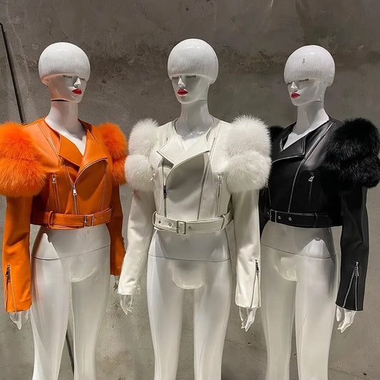 YOLOAgain 2025 Autumn Natural Fox Fur Sleeve Genuine Leather Cropped Jacket Women Shiny Sliver Leather Jacket Ladies SS69