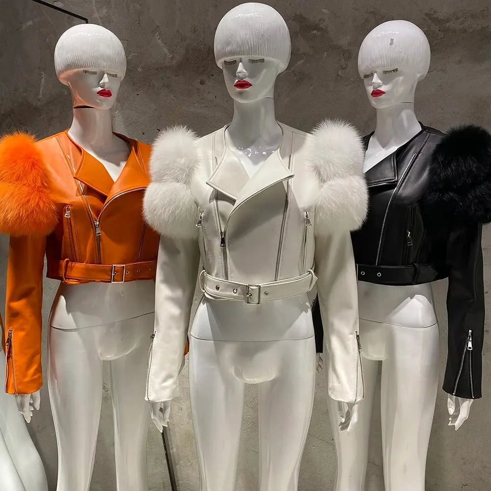 YOLOAgain 2025 Autumn Natural Fox Fur Sleeve Genuine Leather Cropped Jacket Women Shiny Sliver Leather Jacket Ladies SS69