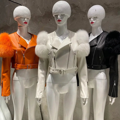 YOLOAgain 2025 Autumn Natural Fox Fur Sleeve Genuine Leather Cropped Jacket Women Shiny Sliver Leather Jacket Ladies SS69