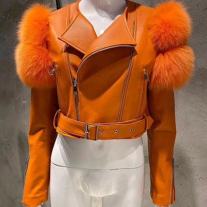 YOLOAgain 2025 Autumn Natural Fox Fur Sleeve Genuine Leather Cropped Jacket Women Shiny Sliver Leather Jacket Ladies SS69