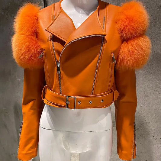 YOLOAgain 2025 Autumn Natural Fox Fur Sleeve Genuine Leather Cropped Jacket Women Shiny Sliver Leather Jacket Ladies SS69