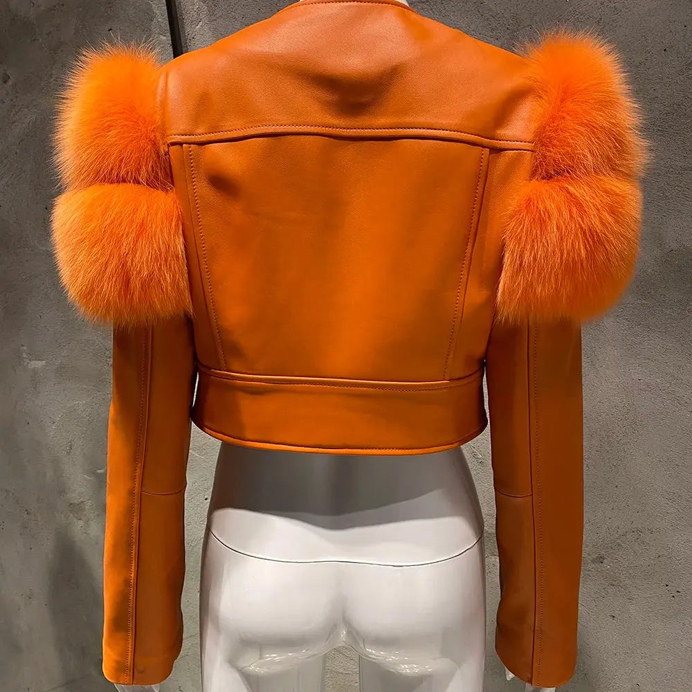 YOLOAgain 2025 Autumn Natural Fox Fur Sleeve Genuine Leather Cropped Jacket Women Shiny Sliver Leather Jacket Ladies SS69