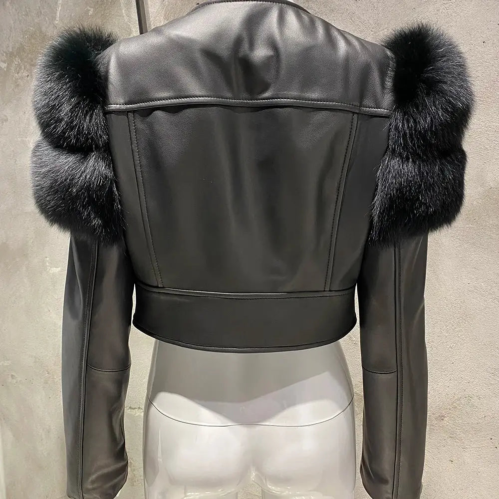 YOLOAgain 2025 Autumn Natural Fox Fur Sleeve Genuine Leather Cropped Jacket Women Shiny Sliver Leather Jacket Ladies SS69