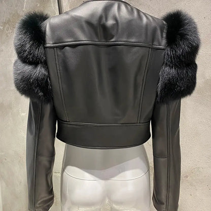 YOLOAgain 2025 Autumn Natural Fox Fur Sleeve Genuine Leather Cropped Jacket Women Shiny Sliver Leather Jacket Ladies SS69