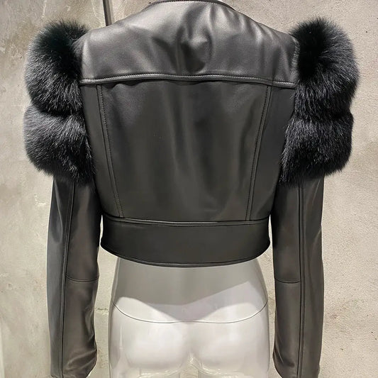 YOLOAgain 2025 Autumn Natural Fox Fur Sleeve Genuine Leather Cropped Jacket Women Shiny Sliver Leather Jacket Ladies SS69