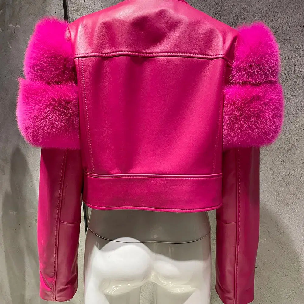 YOLOAgain 2025 Autumn Natural Fox Fur Sleeve Genuine Leather Cropped Jacket Women Shiny Sliver Leather Jacket Ladies SS69