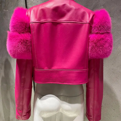 YOLOAgain 2025 Autumn Natural Fox Fur Sleeve Genuine Leather Cropped Jacket Women Shiny Sliver Leather Jacket Ladies SS69