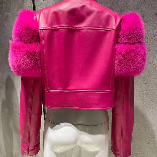 YOLOAgain 2025 Autumn Natural Fox Fur Sleeve Genuine Leather Cropped Jacket Women Shiny Sliver Leather Jacket Ladies SS69