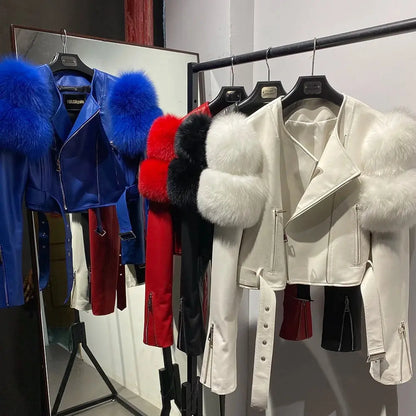 YOLOAgain 2025 Autumn Natural Fox Fur Sleeve Genuine Leather Cropped Jacket Women Shiny Sliver Leather Jacket Ladies SS69