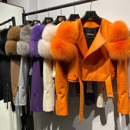 YOLOAgain 2025 Autumn Natural Fox Fur Sleeve Genuine Leather Cropped Jacket Women Shiny Sliver Leather Jacket Ladies SS69