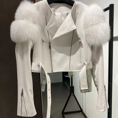 YOLOAgain 2025 Autumn Natural Fox Fur Sleeve Genuine Leather Cropped Jacket Women Shiny Sliver Leather Jacket Ladies SS69