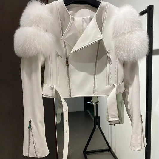 YOLOAgain 2025 Autumn Natural Fox Fur Sleeve Genuine Leather Cropped Jacket Women Shiny Sliver Leather Jacket Ladies SS69