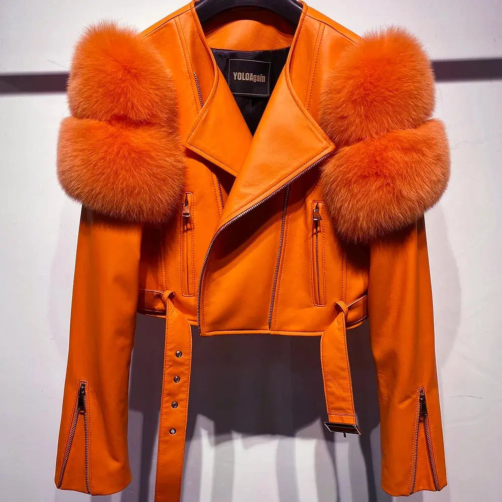 YOLOAgain 2025 Autumn Natural Fox Fur Sleeve Genuine Leather Cropped Jacket Women Shiny Sliver Leather Jacket Ladies SS69