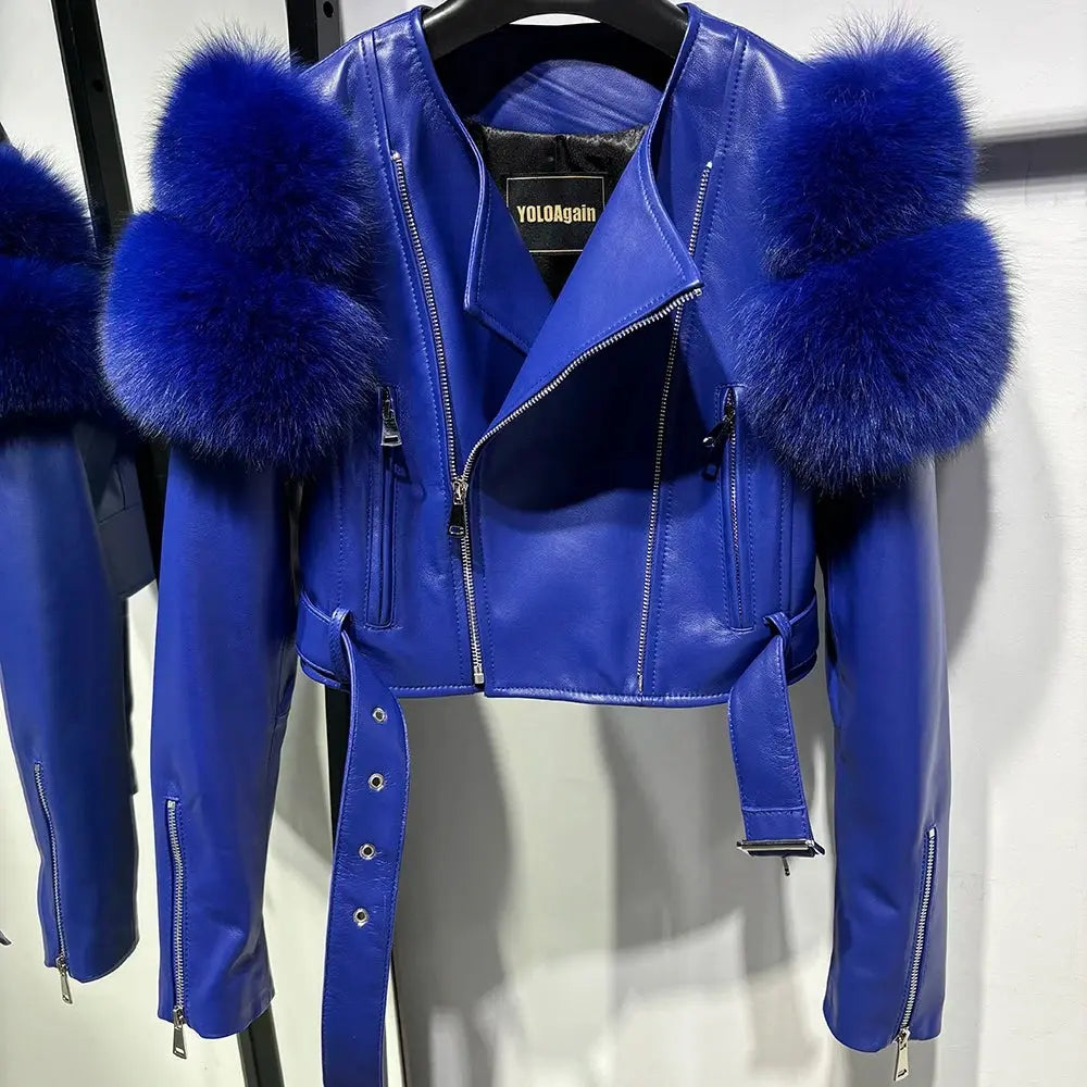 YOLOAgain 2025 Autumn Natural Fox Fur Sleeve Genuine Leather Cropped Jacket Women Shiny Sliver Leather Jacket Ladies SS69