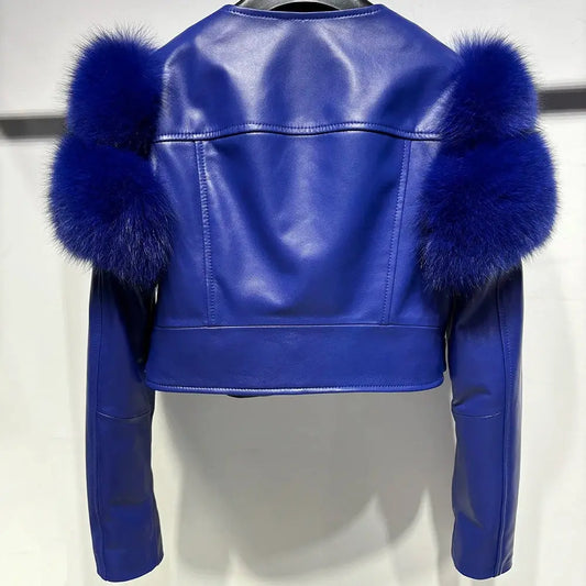 YOLOAgain 2025 Autumn Natural Fox Fur Sleeve Genuine Leather Cropped Jacket Women Shiny Sliver Leather Jacket Ladies SS69