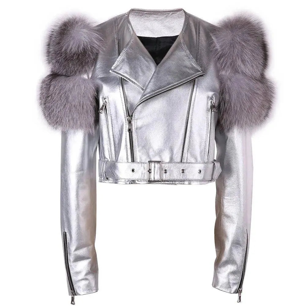 YOLOAgain 2025 Autumn Natural Fox Fur Sleeve Genuine Leather Cropped Jacket Women Shiny Sliver Leather Jacket Ladies SS69