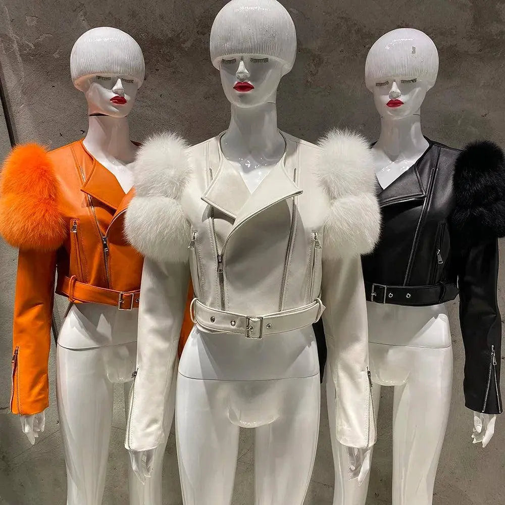 YOLOAgain 2025 Autumn Natural Fox Fur Sleeve Genuine Leather Cropped Jacket Women Shiny Sliver Leather Jacket Ladies SS69