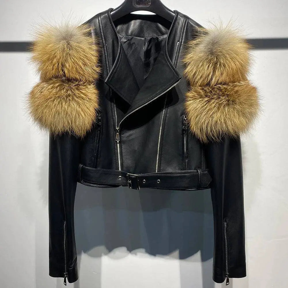 YOLOAgain 2025 Autumn Natural Fox Fur Sleeve Genuine Leather Cropped Jacket Women Shiny Sliver Leather Jacket Ladies SS69