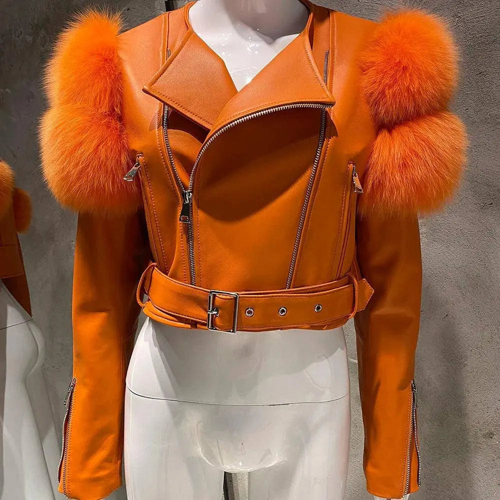 YOLOAgain 2025 Autumn Natural Fox Fur Sleeve Genuine Leather Cropped Jacket Women Shiny Sliver Leather Jacket Ladies SS69