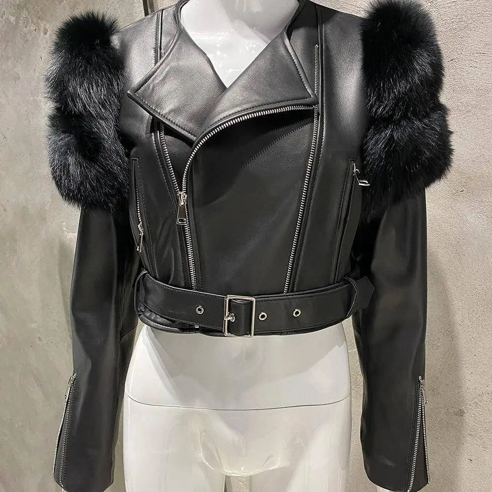YOLOAgain 2025 Autumn Natural Fox Fur Sleeve Genuine Leather Cropped Jacket Women Shiny Sliver Leather Jacket Ladies SS69