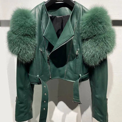 YOLOAgain 2025 Autumn Natural Fox Fur Sleeve Genuine Leather Cropped Jacket Women Shiny Sliver Leather Jacket Ladies SS69