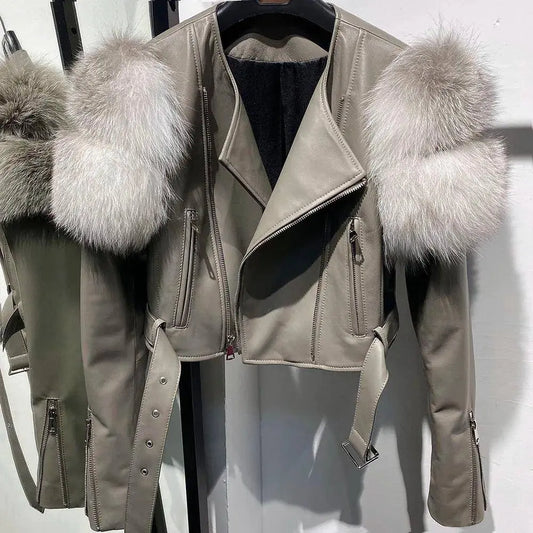 YOLOAgain 2025 Autumn Natural Fox Fur Sleeve Genuine Leather Cropped Jacket Women Shiny Sliver Leather Jacket Ladies SS69