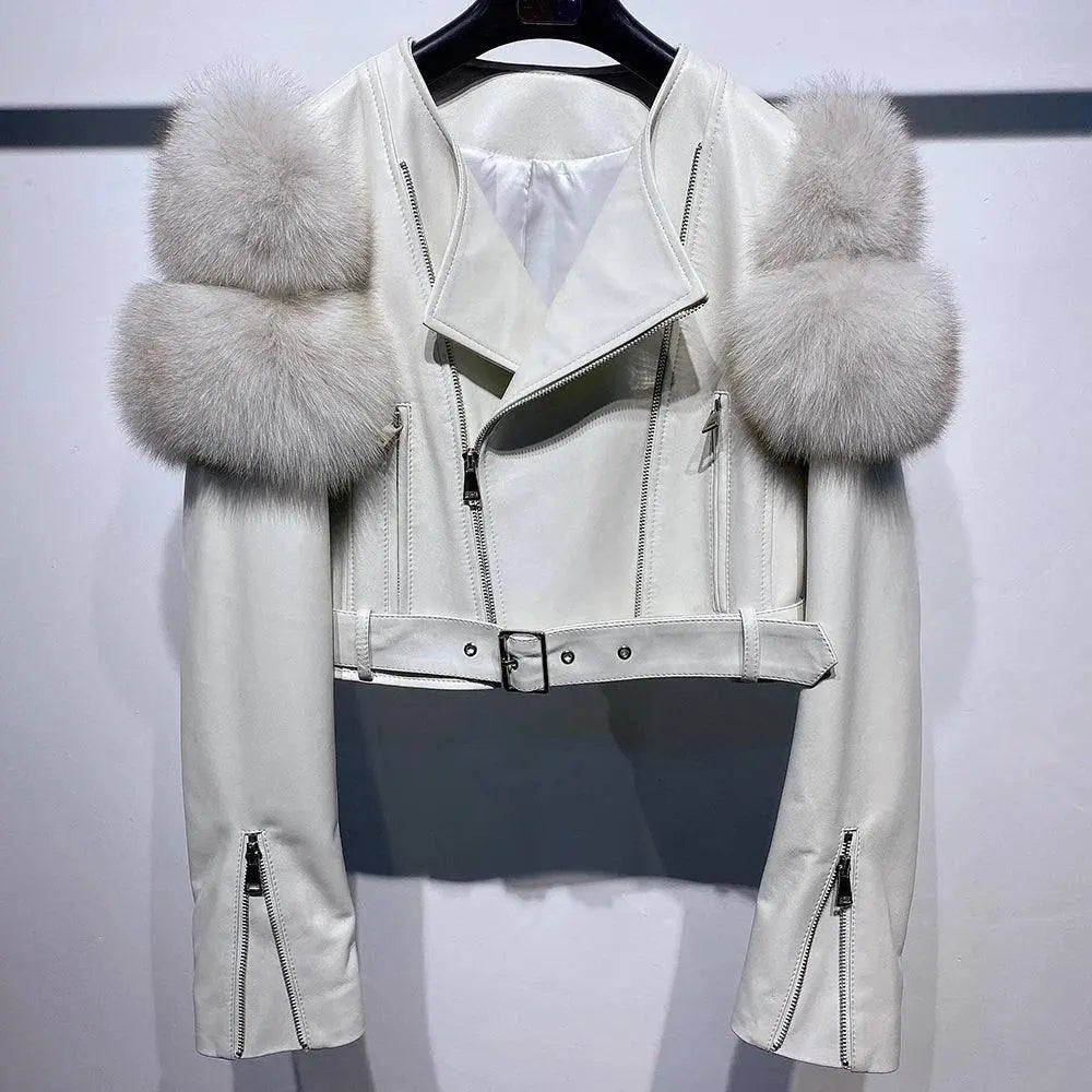 YOLOAgain 2025 Autumn Natural Fox Fur Sleeve Genuine Leather Cropped Jacket Women Shiny Sliver Leather Jacket Ladies SS69