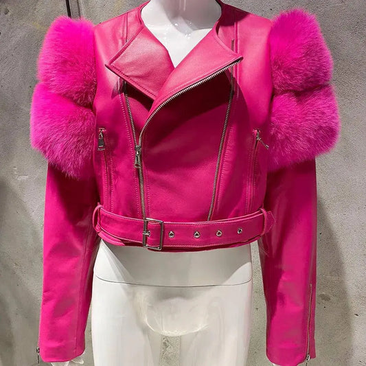 YOLOAgain 2025 Autumn Natural Fox Fur Sleeve Genuine Leather Cropped Jacket Women Shiny Sliver Leather Jacket Ladies SS69