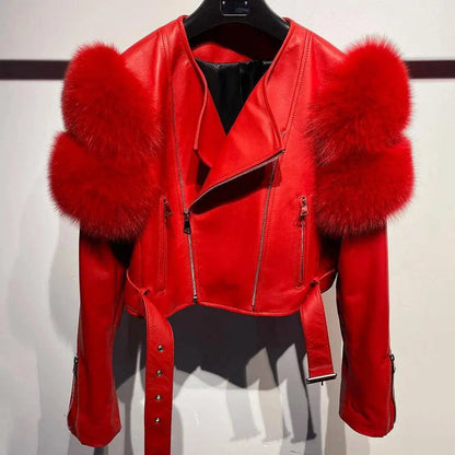 YOLOAgain 2025 Autumn Natural Fox Fur Sleeve Genuine Leather Cropped Jacket Women Shiny Sliver Leather Jacket Ladies SS69