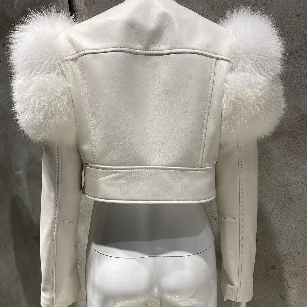 YOLOAgain 2025 Autumn Natural Fox Fur Sleeve Genuine Leather Cropped Jacket Women Shiny Sliver Leather Jacket Ladies SS69