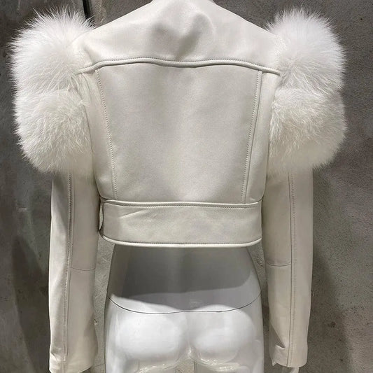 YOLOAgain 2025 Autumn Natural Fox Fur Sleeve Genuine Leather Cropped Jacket Women Shiny Sliver Leather Jacket Ladies SS69