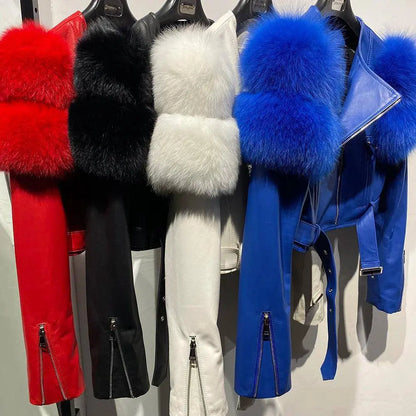 YOLOAgain 2025 Autumn Natural Fox Fur Sleeve Genuine Leather Cropped Jacket Women Shiny Sliver Leather Jacket Ladies SS69