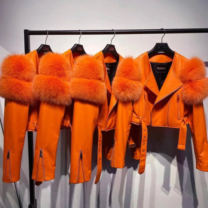 YOLOAgain 2025 Autumn Natural Fox Fur Sleeve Genuine Leather Cropped Jacket Women Shiny Sliver Leather Jacket Ladies SS69