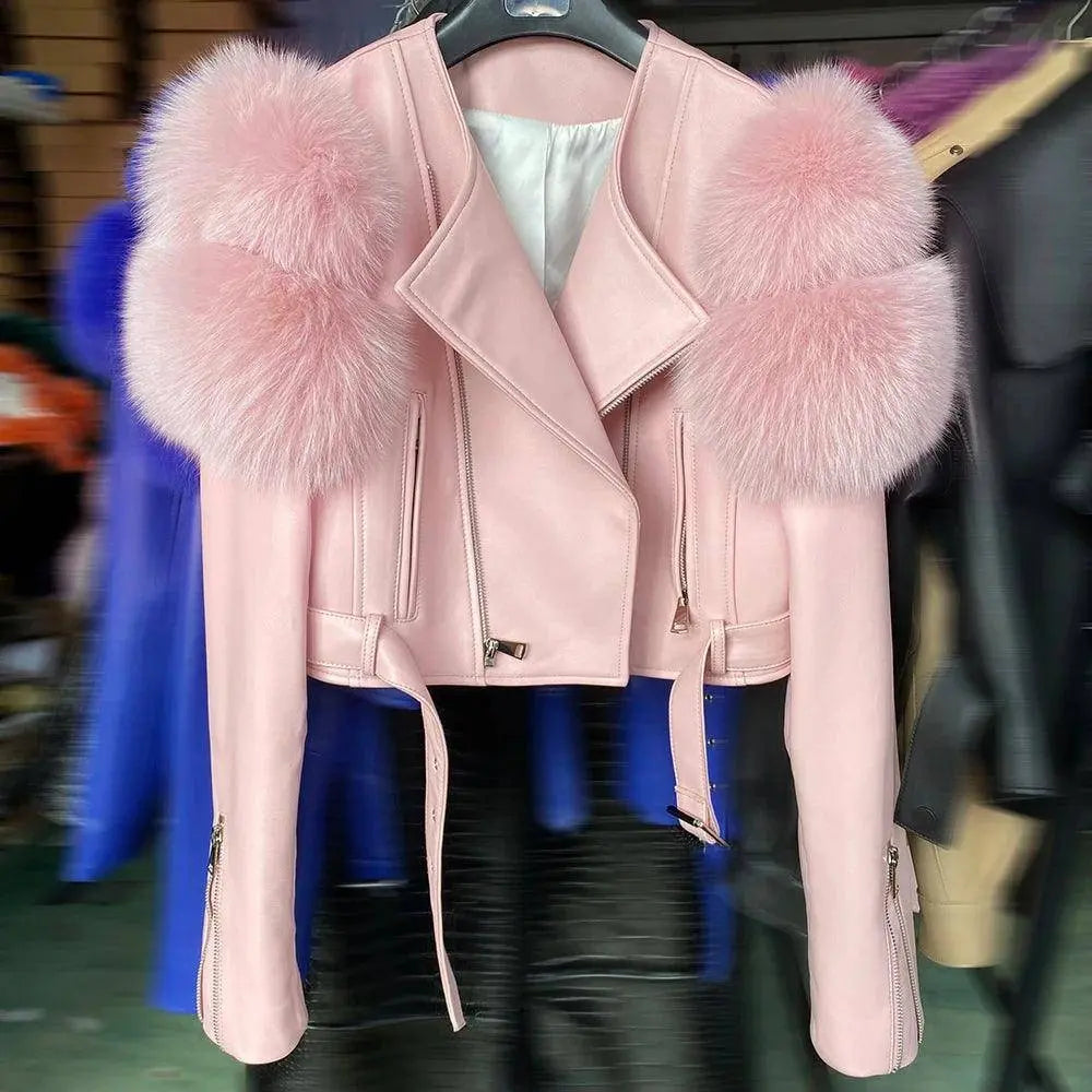 YOLOAgain 2025 Autumn Natural Fox Fur Sleeve Genuine Leather Cropped Jacket Women Shiny Sliver Leather Jacket Ladies SS69