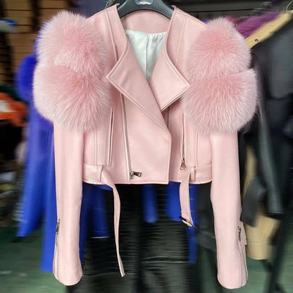 YOLOAgain 2025 Autumn Natural Fox Fur Sleeve Genuine Leather Cropped Jacket Women Shiny Sliver Leather Jacket Ladies SS69
