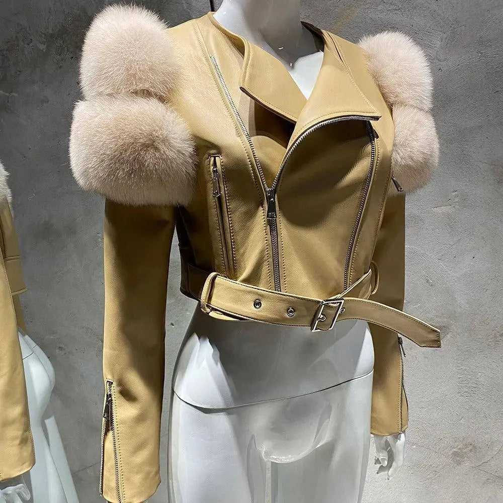 YOLOAgain 2025 Autumn Natural Fox Fur Sleeve Genuine Leather Cropped Jacket Women Shiny Sliver Leather Jacket Ladies SS69