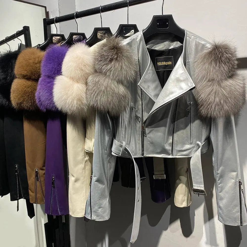YOLOAgain 2025 Autumn Natural Fox Fur Sleeve Genuine Leather Cropped Jacket Women Shiny Sliver Leather Jacket Ladies SS69