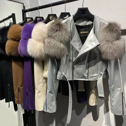 YOLOAgain 2025 Autumn Natural Fox Fur Sleeve Genuine Leather Cropped Jacket Women Shiny Sliver Leather Jacket Ladies SS69